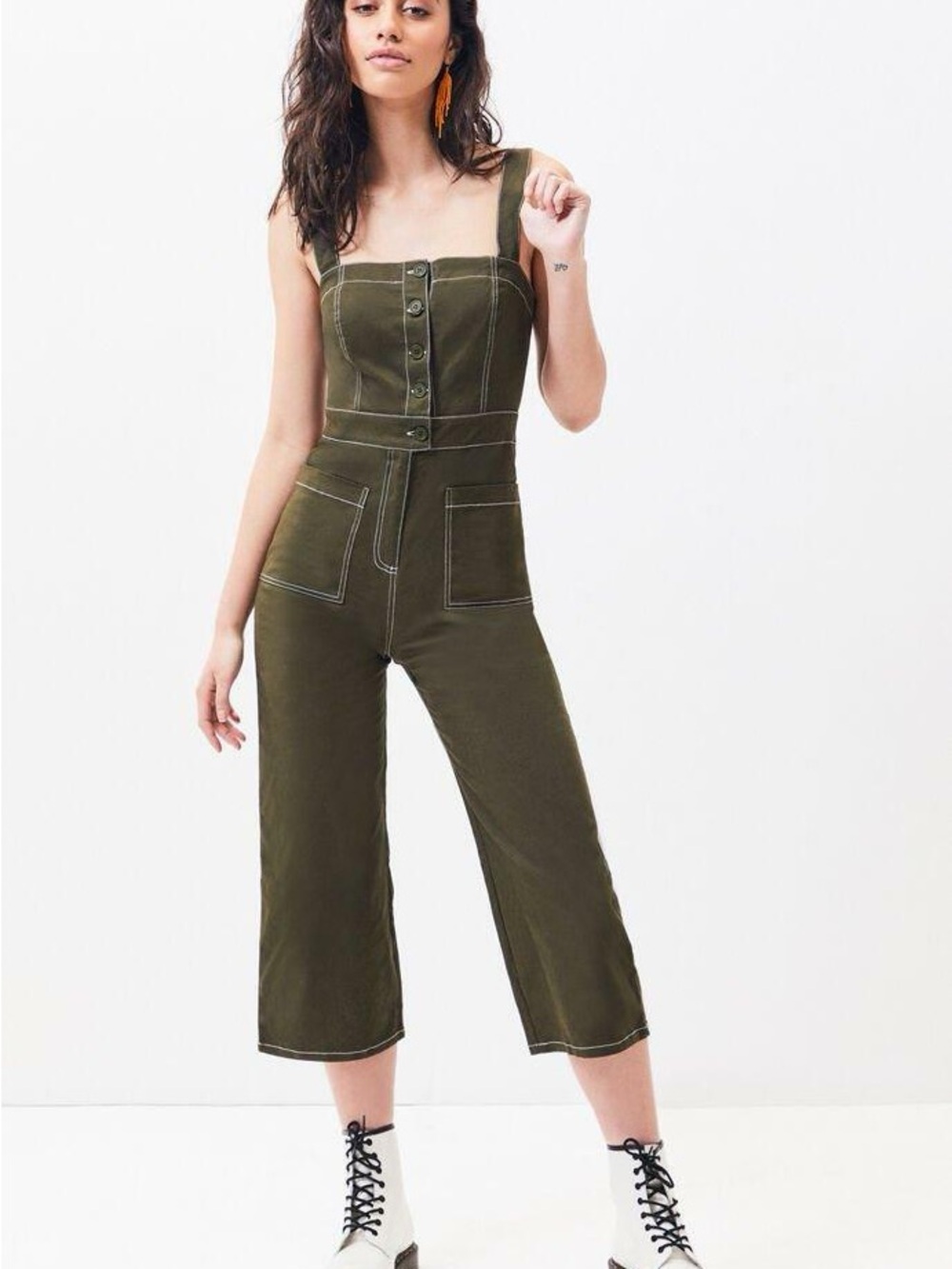 Kendall & Kylie Olive Green Cropped Jumpsuit with Front Button Detail